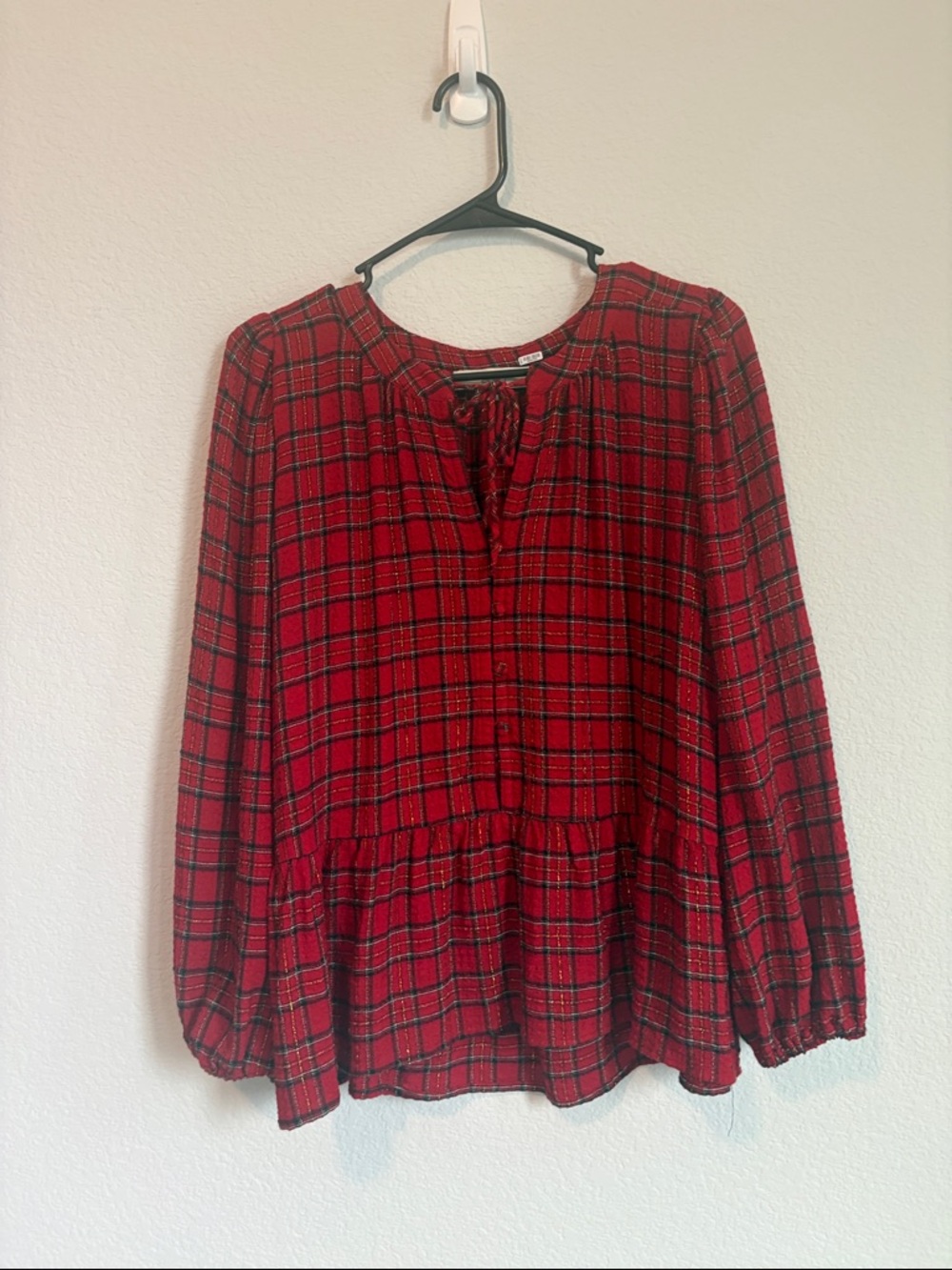Red Plaid Tie-Neck Peplum Blouse With Buttons